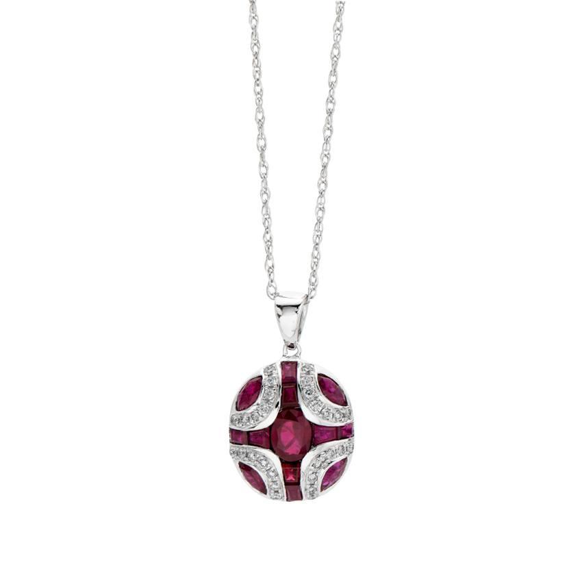 White Gold Ruby Cluster & Pave Diamond Pendant Necklace 0