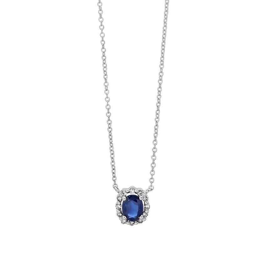 Oval Sapphire Pendant Necklace with Diamond Halo 0