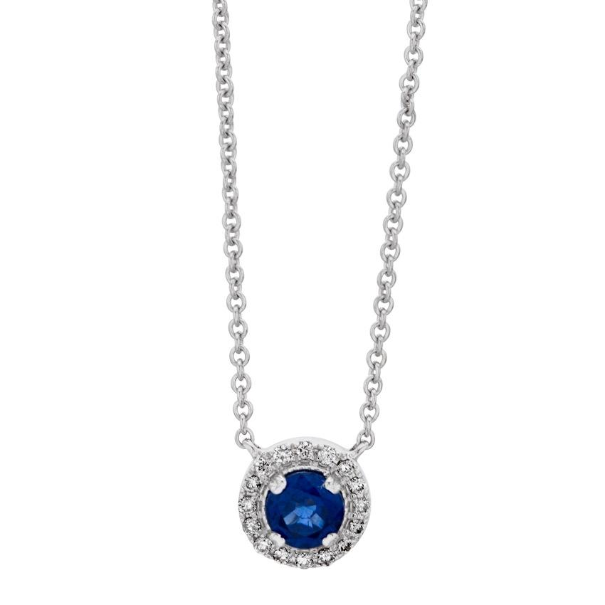 White Gold Round Sapphire & Diamond Halo Necklace 0