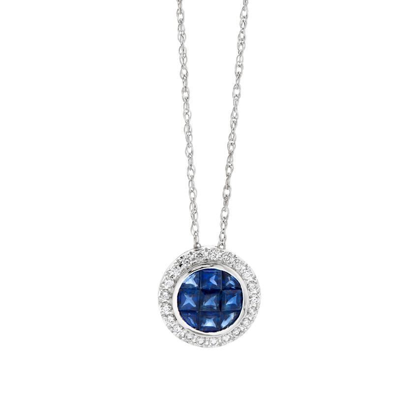 White Gold Blue Sapphire Cluster & Diamond Halo Pendant Necklace 0