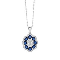 White Gold Diamond Cluster & Oval Blue Sapphire Pendant Necklace 0