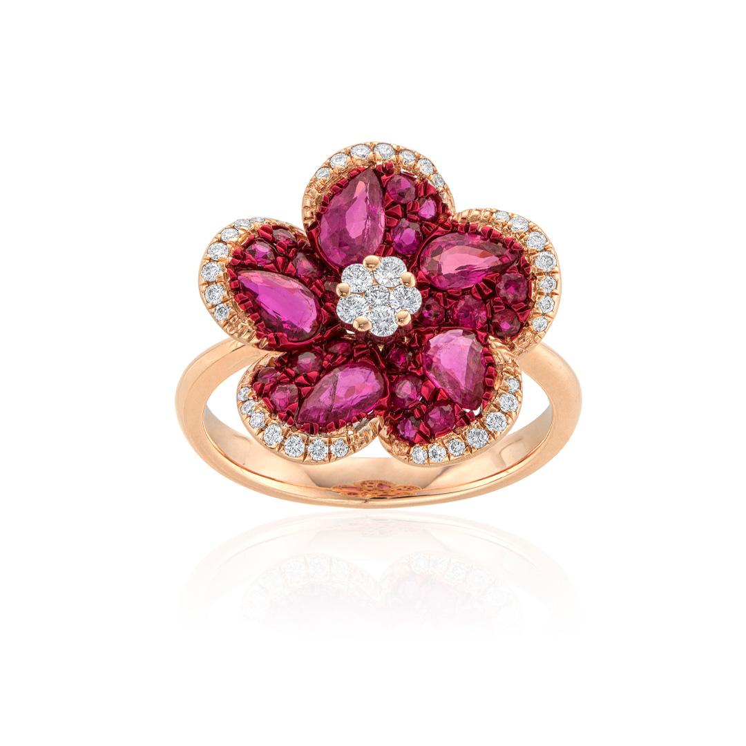 Ruby and Diamond Rose Gold Flower Ring 0