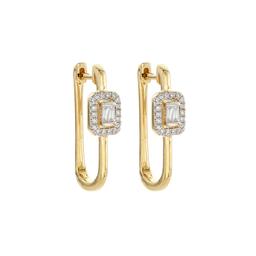 Square Oval Shaped Hoop Earrings with Baguette Diamond Cluster 0