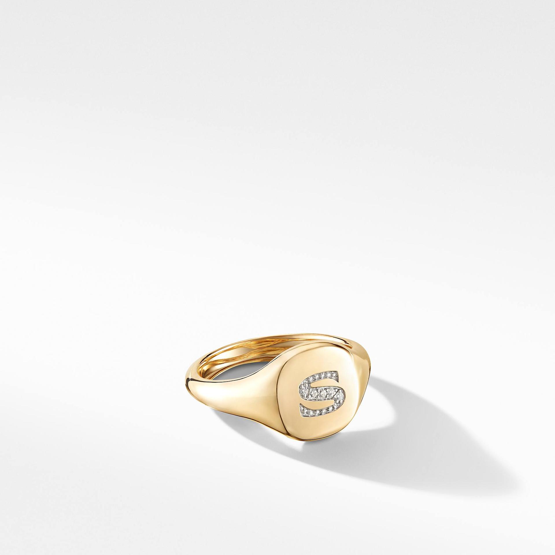 David Yurman Mini DY "S" initial Pinky Ring in 18K Yellow Gold with Diamonds, size 4 0
