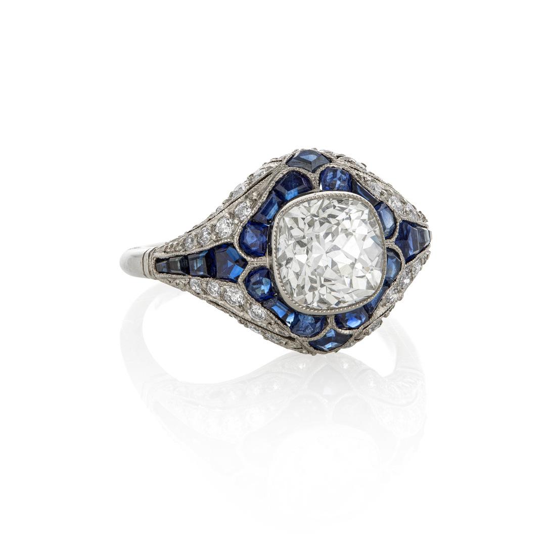 Estate Collection Diamond and Sapphire Retro Platinum Engagement Ring 1