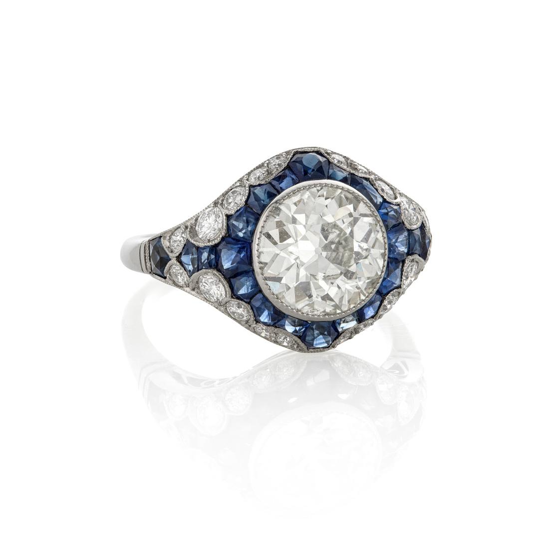 Estate Collection Retro Diamond and Sapphire Platinum Engagement Ring 1