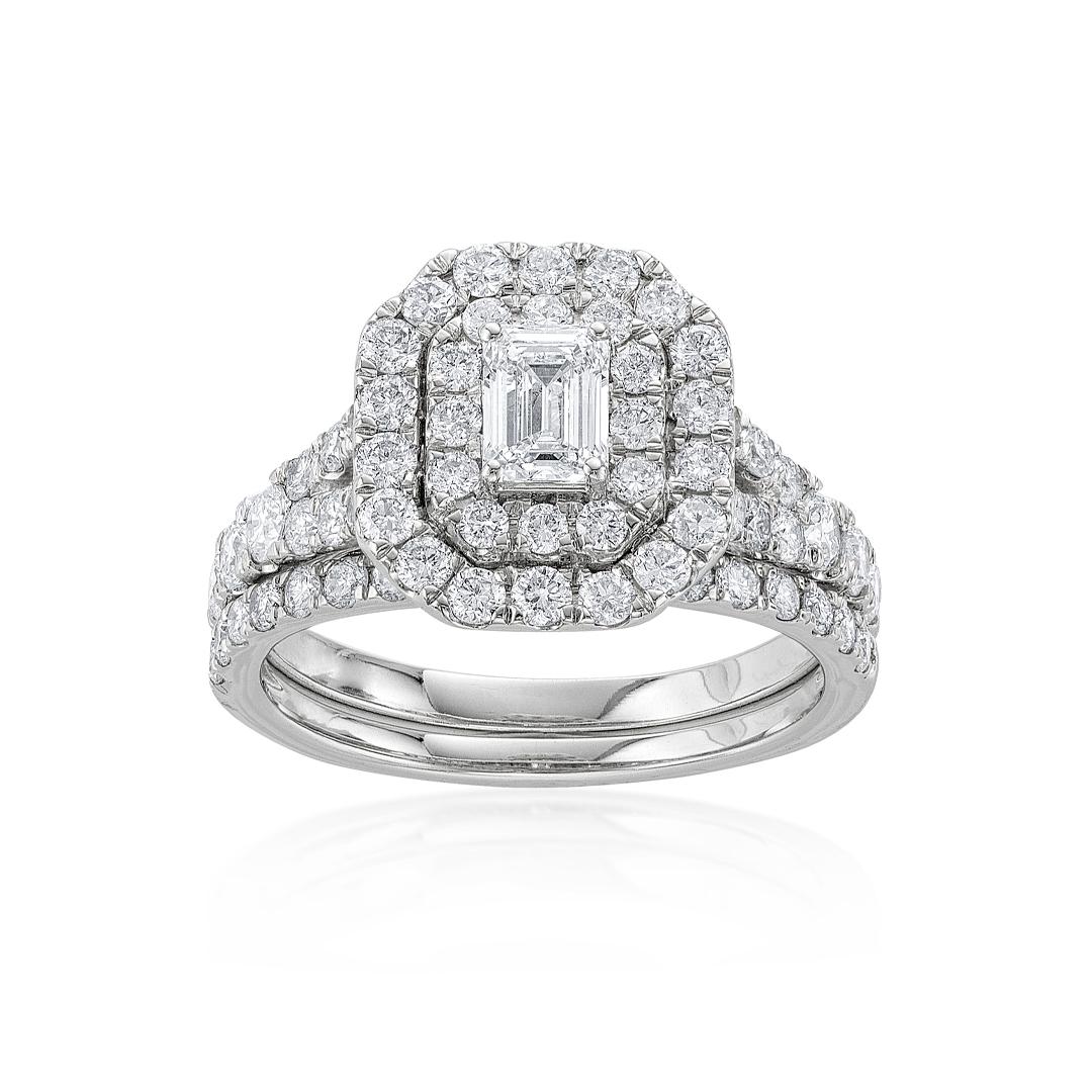 2.00 CTW Emerald Cut Diamond Bridal Ring Set with Octagonal Diamond Halos 3