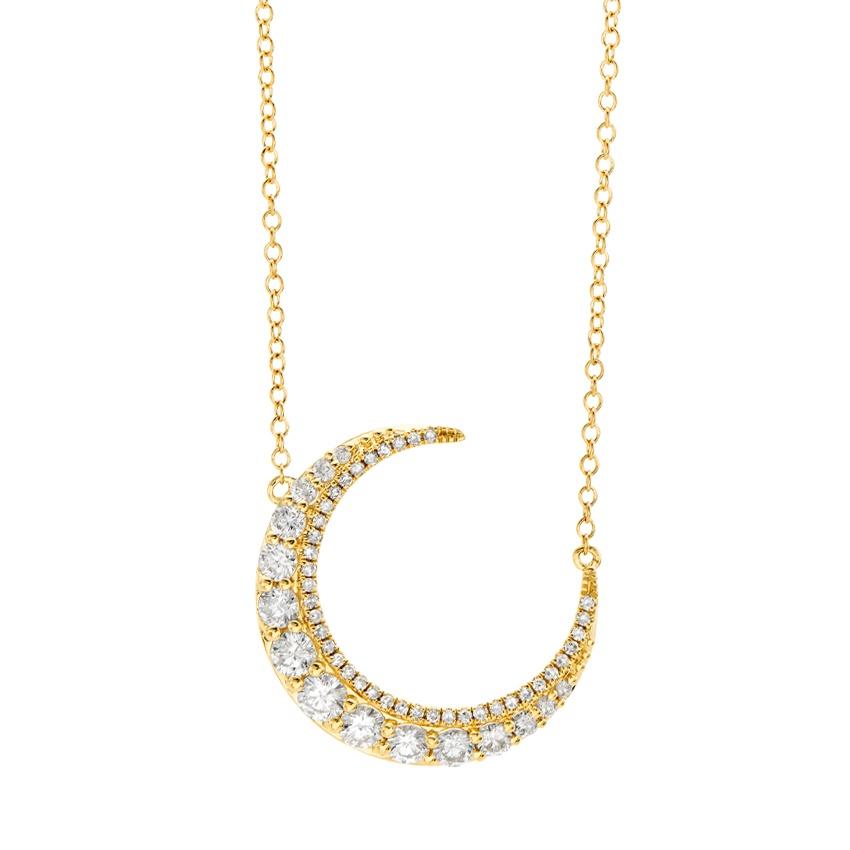 Yellow Gold Diamond Crescent Moon Pendant Necklace 0