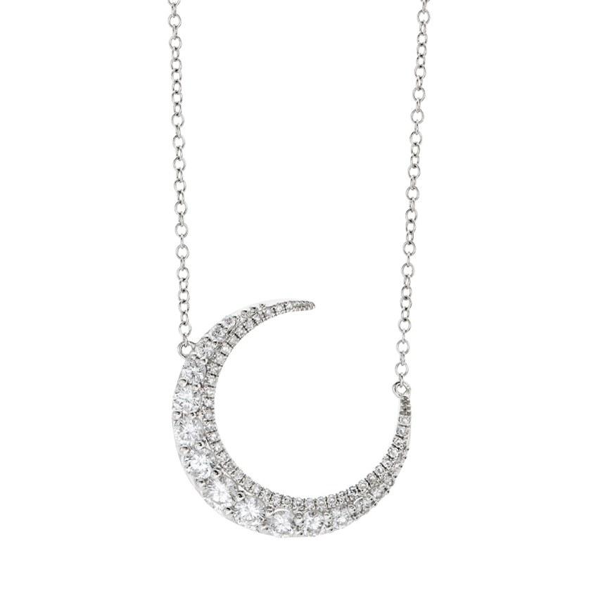 White Gold Diamond Crescent Moon Pendant Necklace 0
