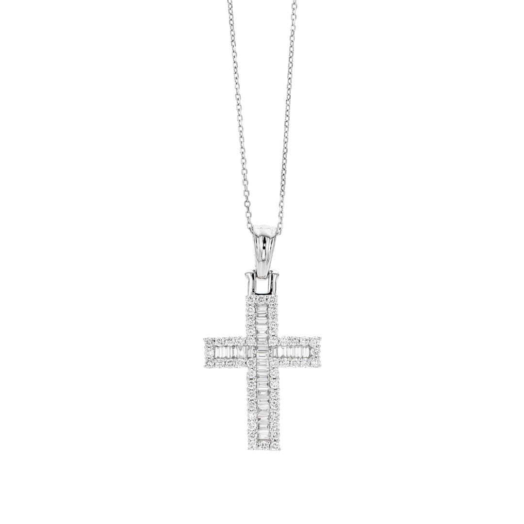 .95 CTW Baguette and Round Diamond Cross Pendant Necklace 0