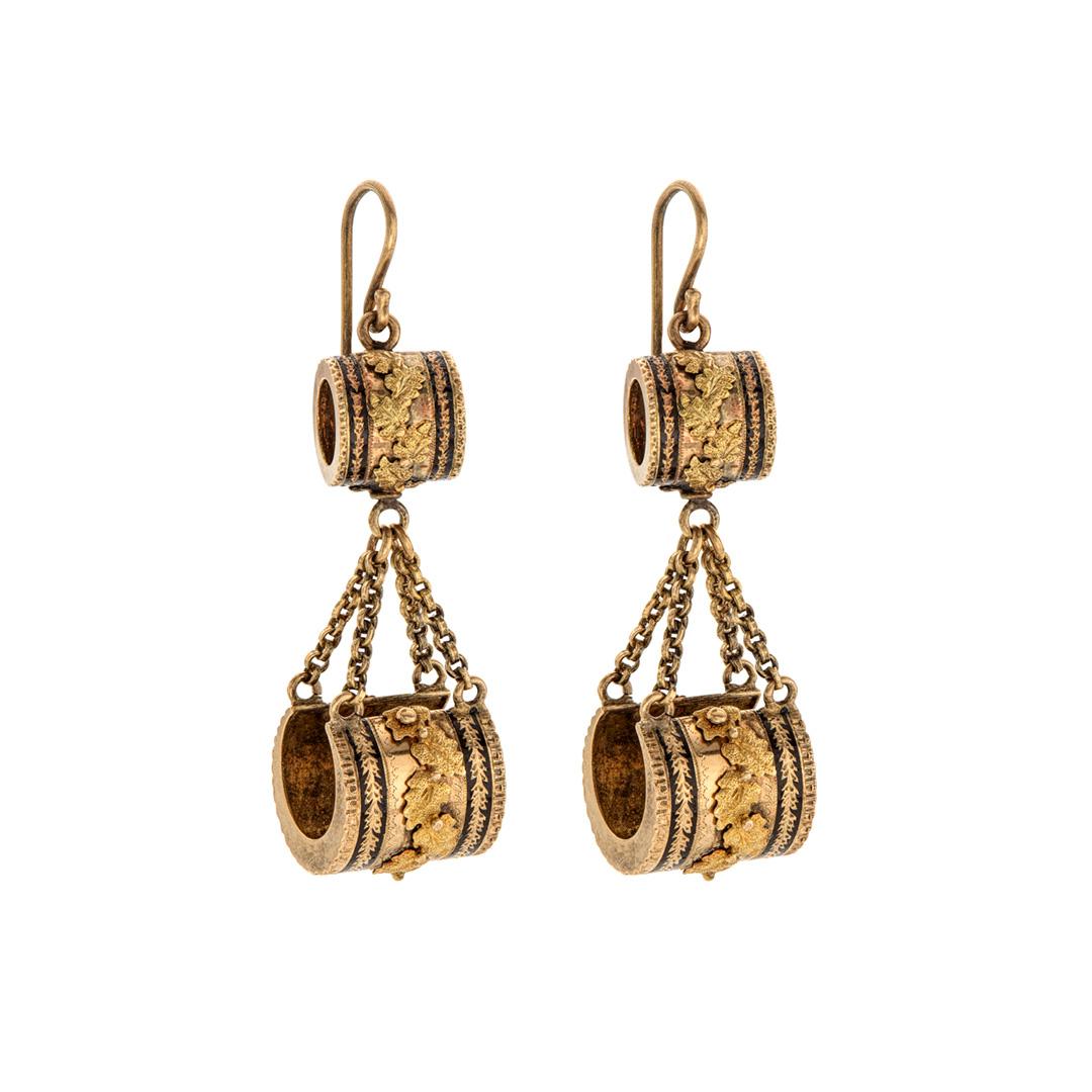 Estate Collection Yellow Gold and Enamel Barrel Dangle Earrings 0