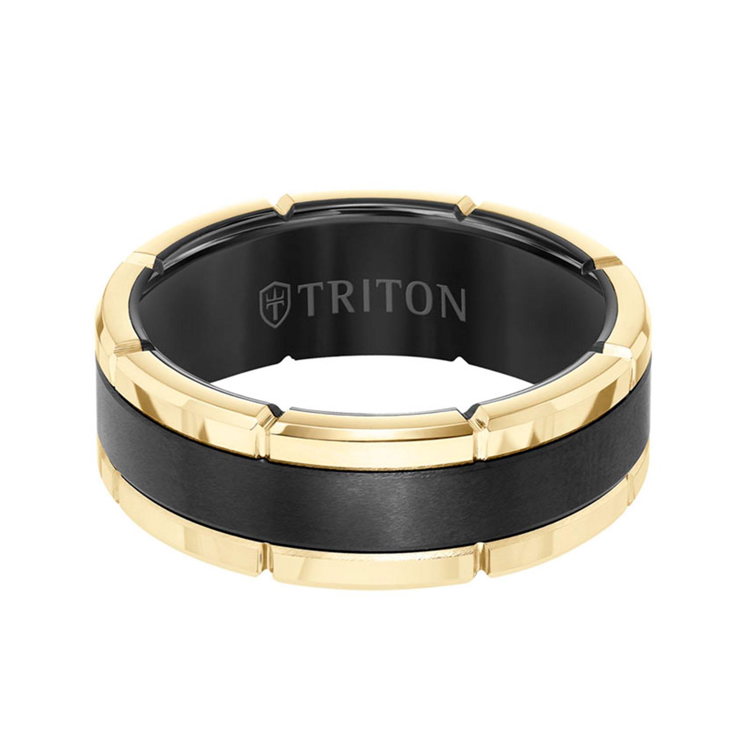 Gents Triton 8mm Tungsten Band with Link Edge Design in Yellow Gold 0