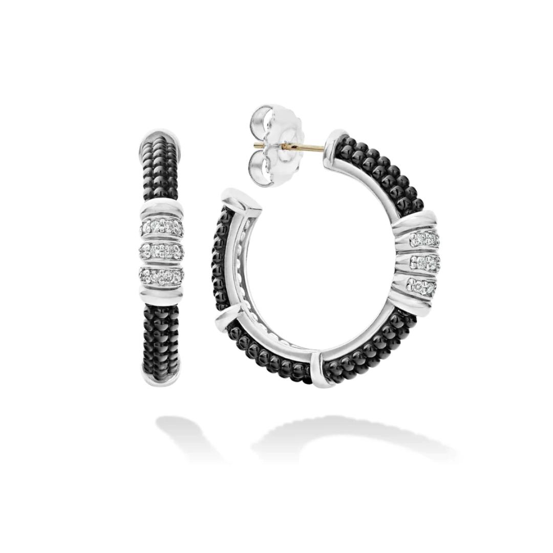 Lagos Black Caviar Ceramic Diamond Hoop Earrings 1