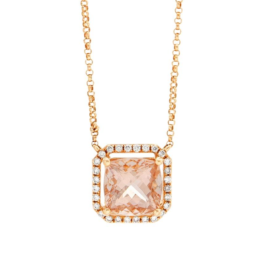 Rose Gold Cushion Cut Morganite & Diamond Halo Pendant Necklace 0