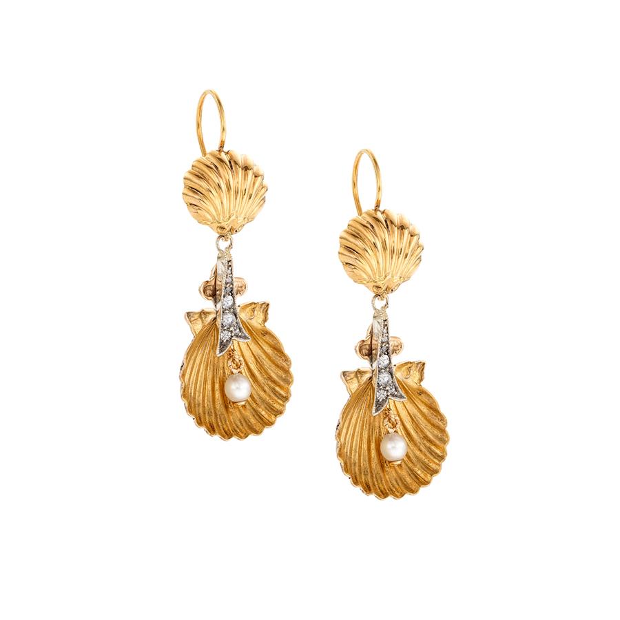 Estate Collection Pearl and Diamond Shell Earrings 0