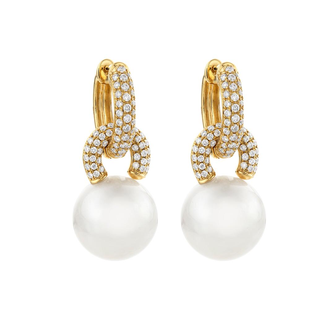 18k Yellow Gold Diamond Link Drop Pearl Earrings 0