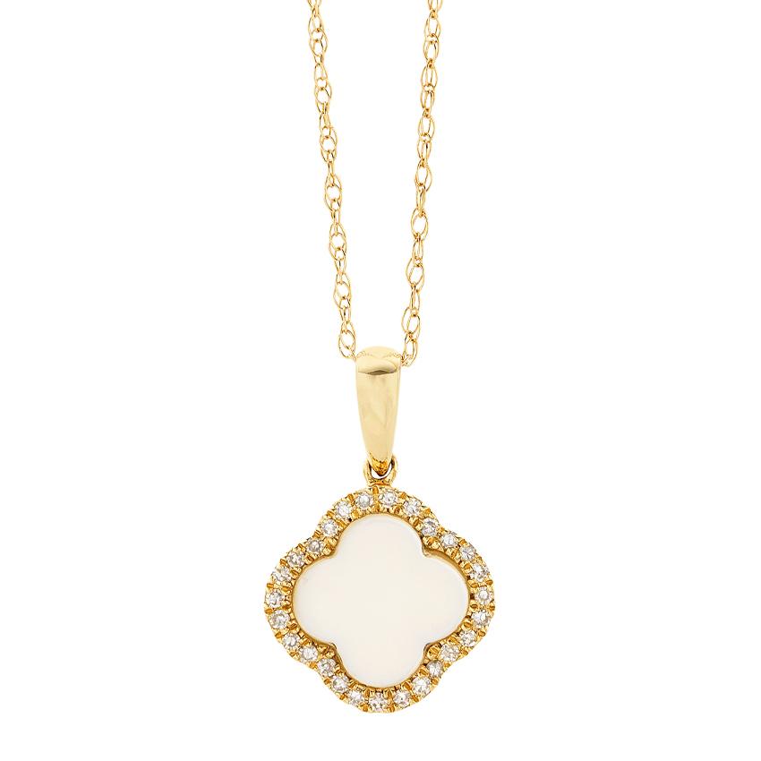 14k Yellow Gold Mother Of Pearl and Diamond Clover Necklace 0