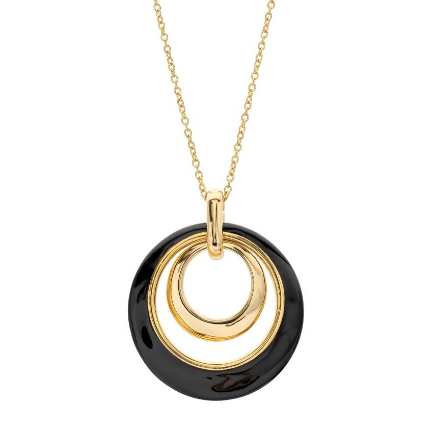 Sterling Silver & Yellow Gold Plated Black Enamel Double Open Circle Pendant Necklace 0