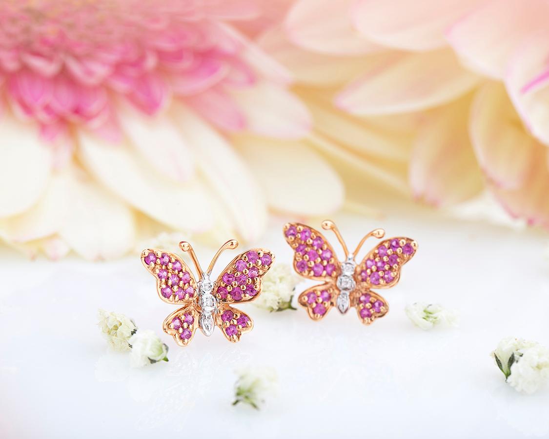 Rose Gold, Pink Sapphire & Diamond Butterfly Post Earrings 1
