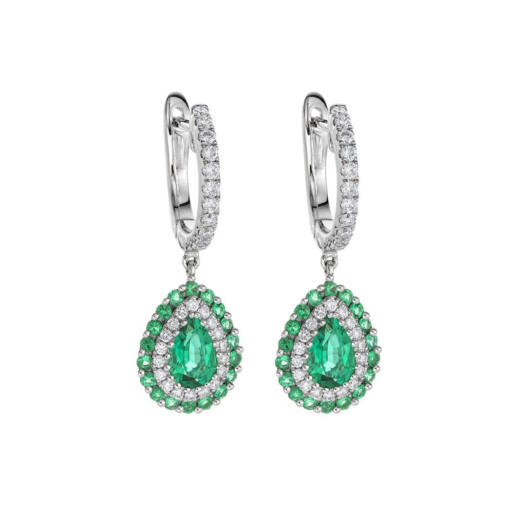 White Gold Emerald & Diamond Halo Teardrop Earrings 0