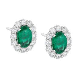 White Gold Oval Emerald & Diamond Halo Post Earrings 0