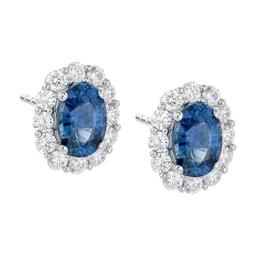 White Gold Oval Sapphire & Diamond Halo Post Earrings 0