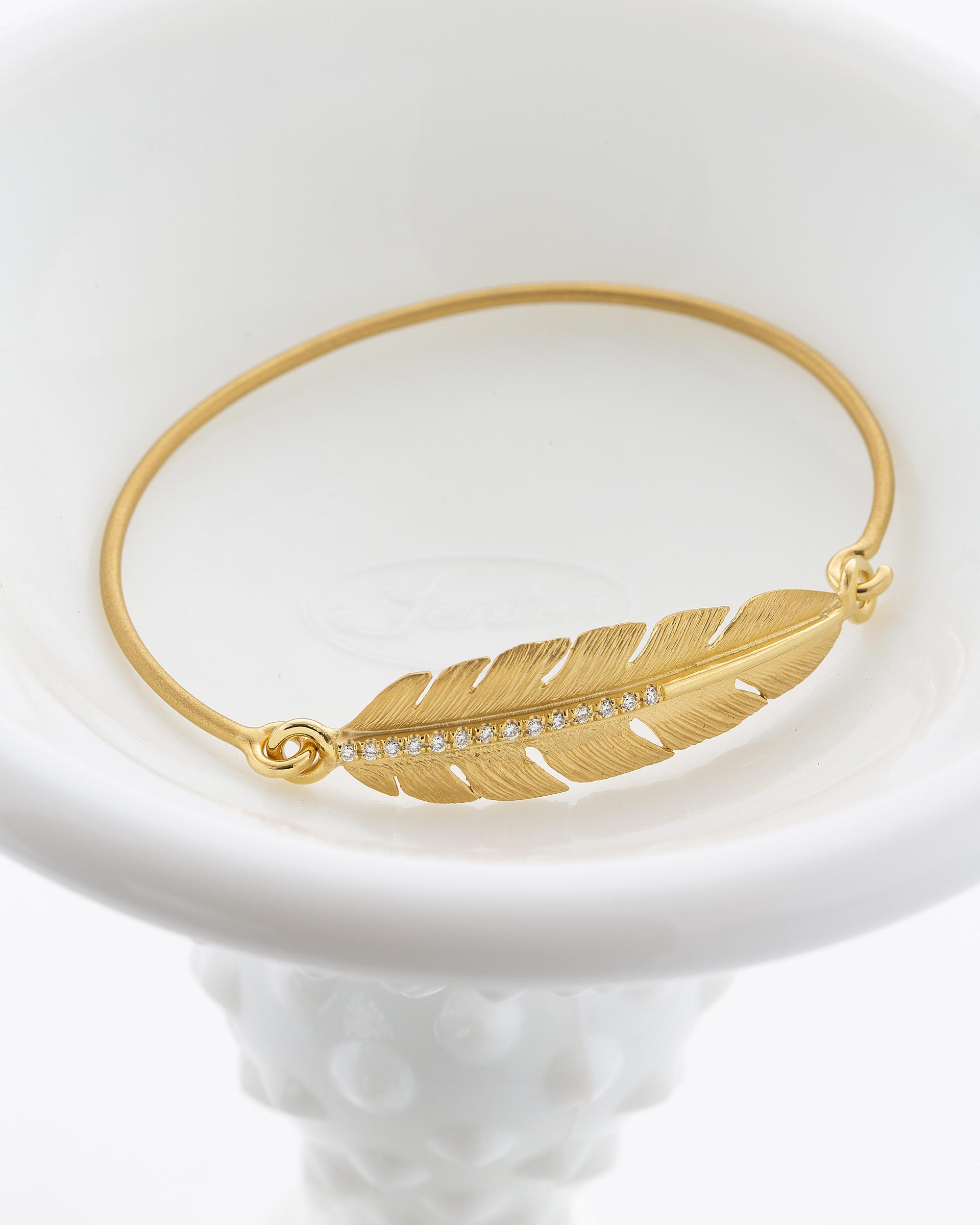 14k Yellow Gold Diamond Feather Bangle Bracelet 1