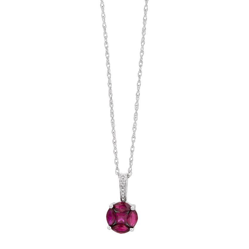 White Gold Ruby Cluster & Diamond Pendant Necklace 0