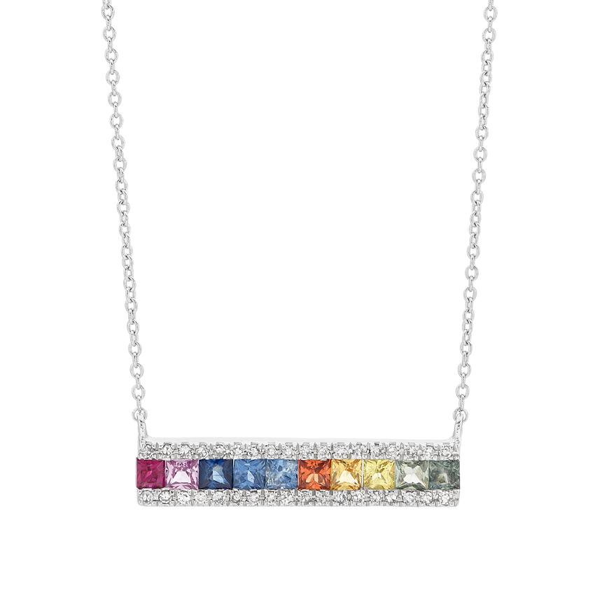 White Gold Princess Cut Multi-Colored Sapphire & Diamond Bar Pendant Necklace 0
