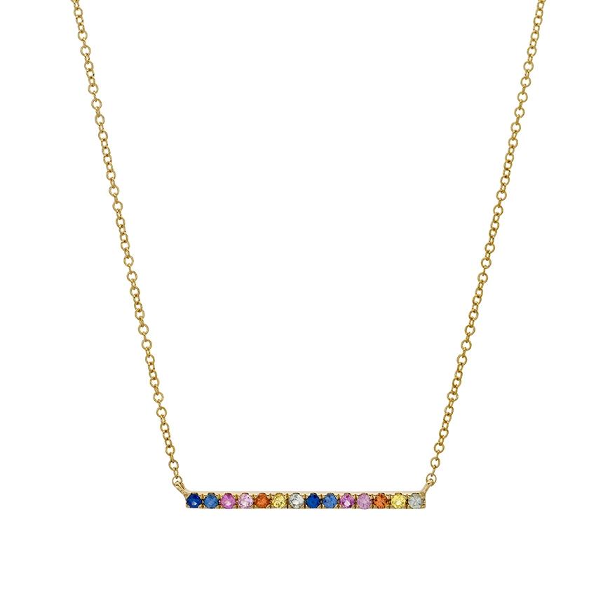Yellow Gold Sapphire Rainbow Bar Pendant Necklace 0