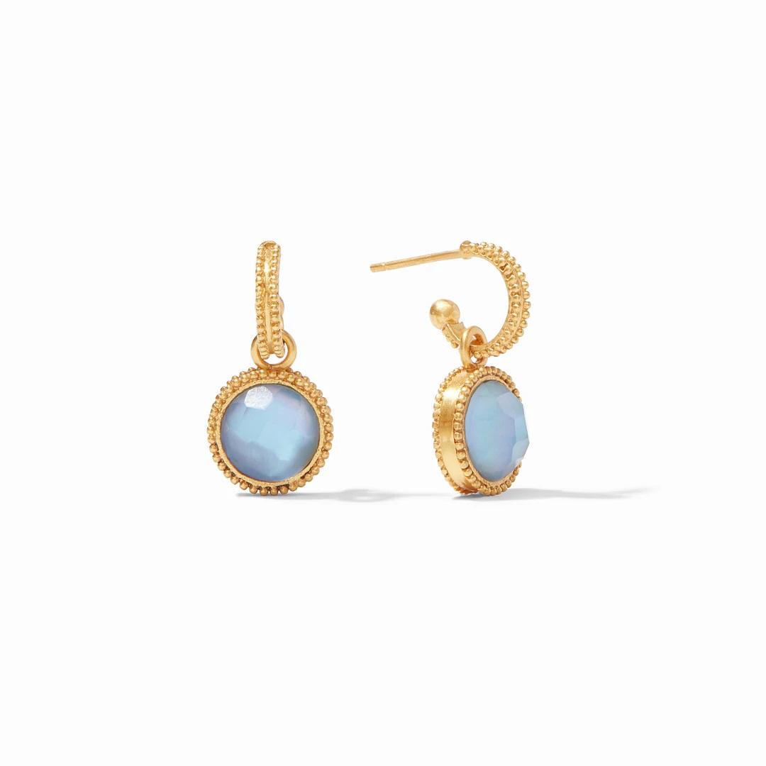 Julie Vos Fleur de Lis Hoop & Charm Earrings in Iridescent Chalcedony Blue