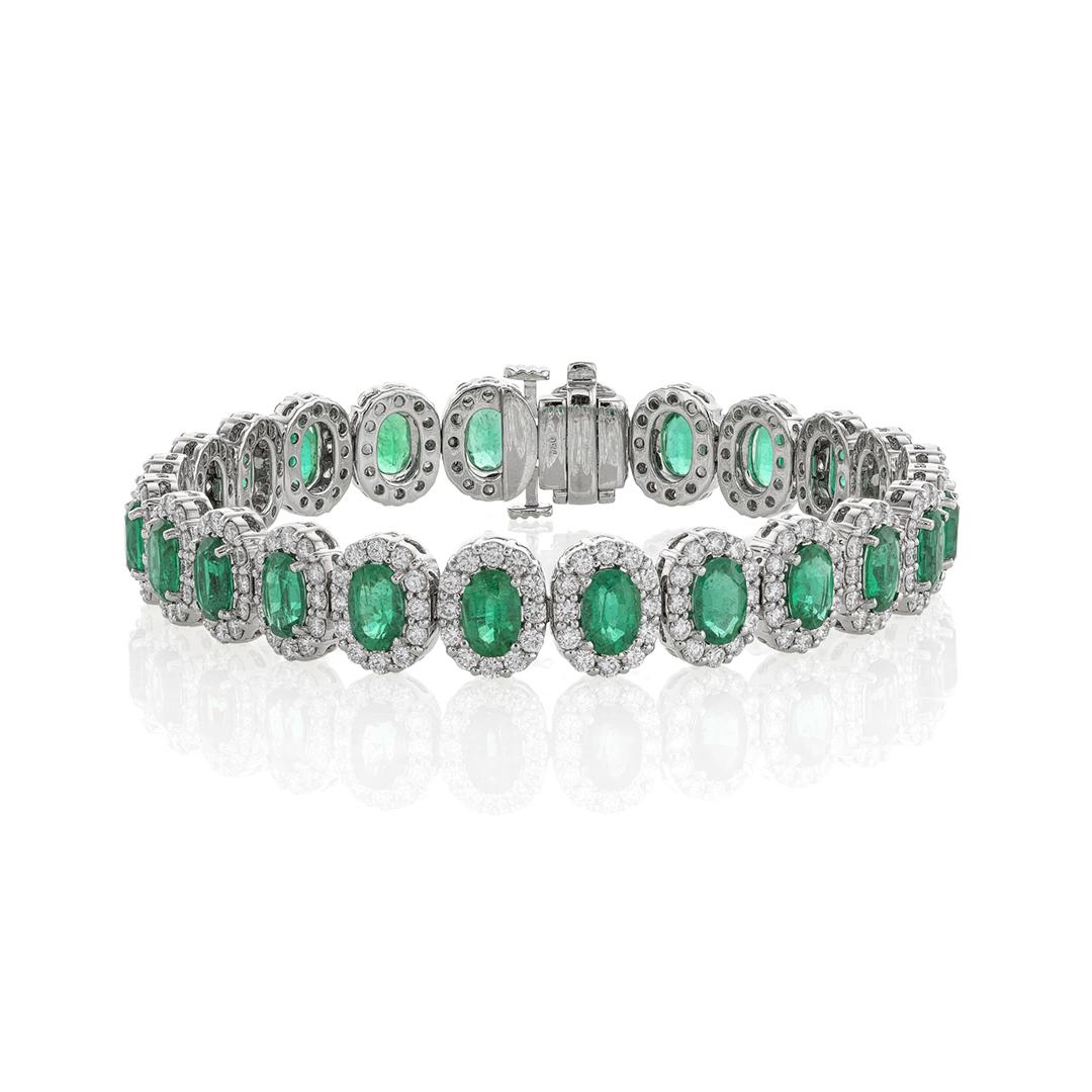 Oval Cut Emerald Bracelet with Round Diamond Halo