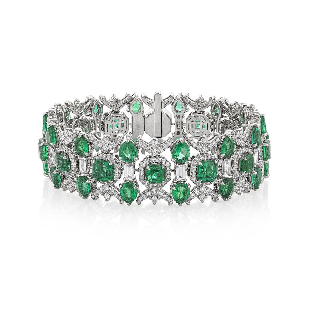 Three-Row Geometric Shaped Emerald Bracelet with Diamonds
