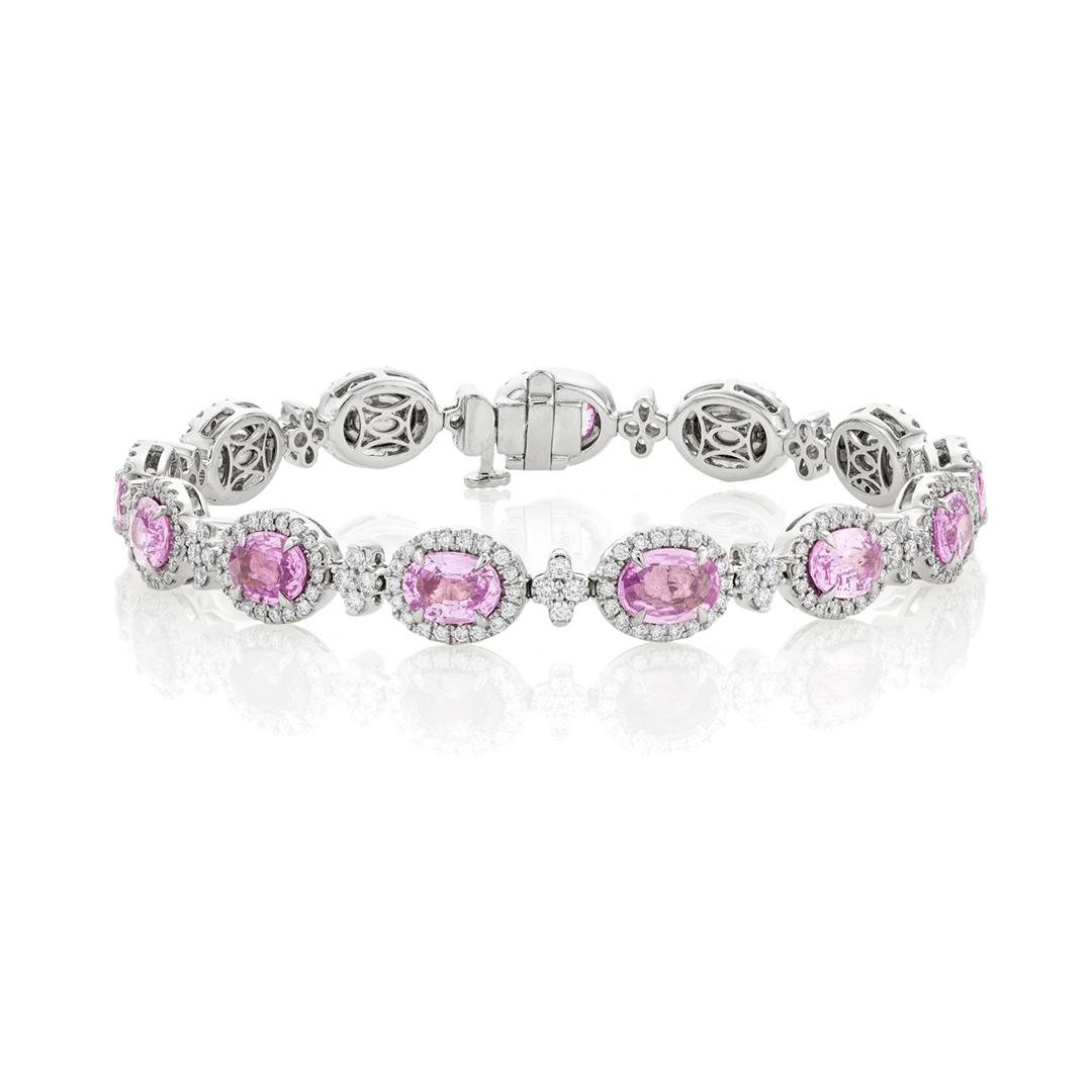 Oval Pink Sapphire Bracelet with Diamond Clover Stations
