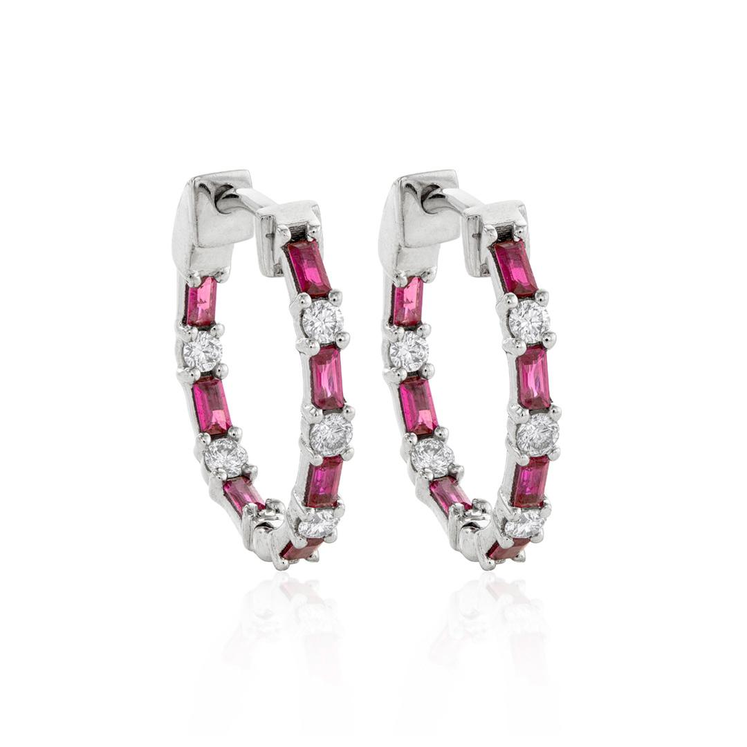 Baguette Ruby and Round Diamond In and Out Hoop Earrings