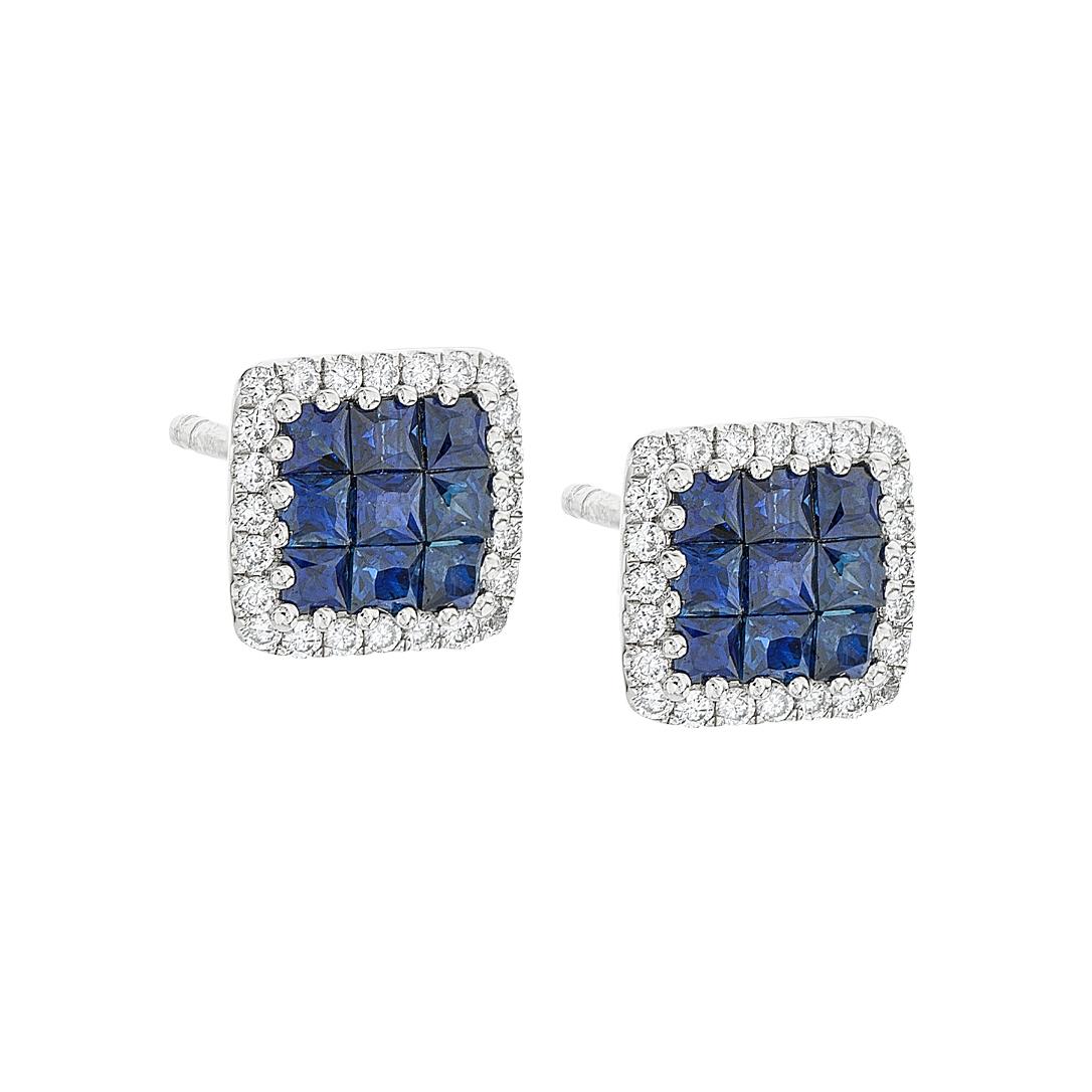 White Gold 0.73 CTW Sapphire Cluster & Diamond Halo Post Earrings