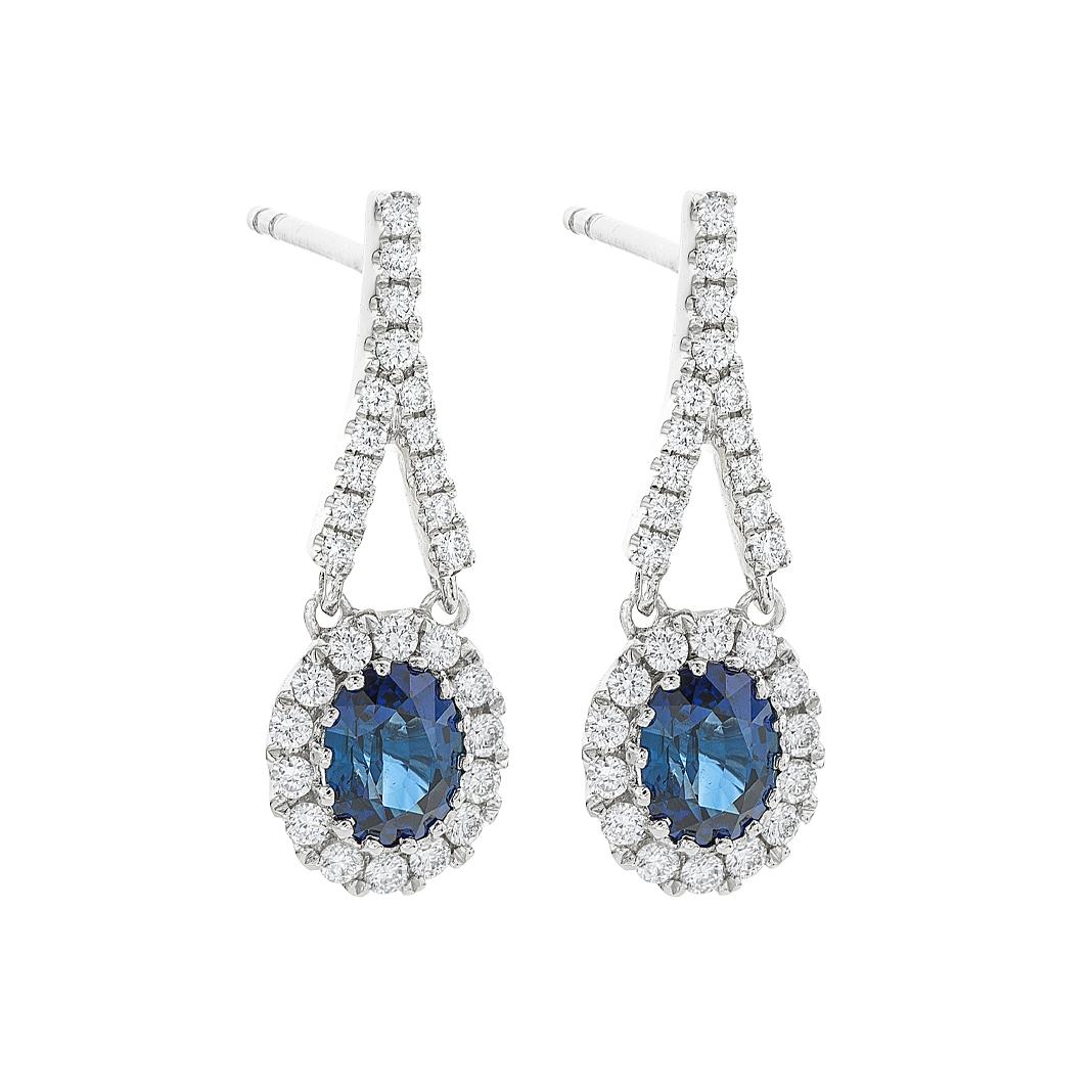 White Gold 0.85 CTW Round Sapphire & Diamond Drop Earrings