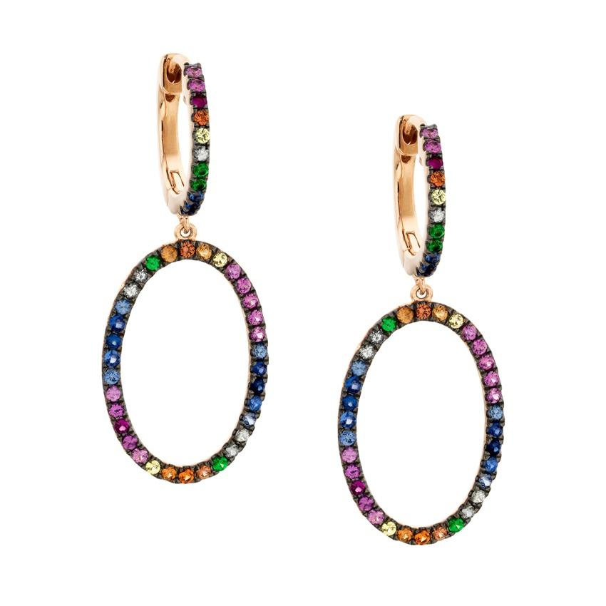 Rose Gold Rainbow Sapphire Open Oval Drop Earrings