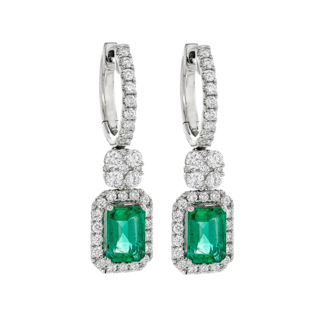Emerald Cut Emerald Drop Earrings with Pave Diamond Halo and Cluster