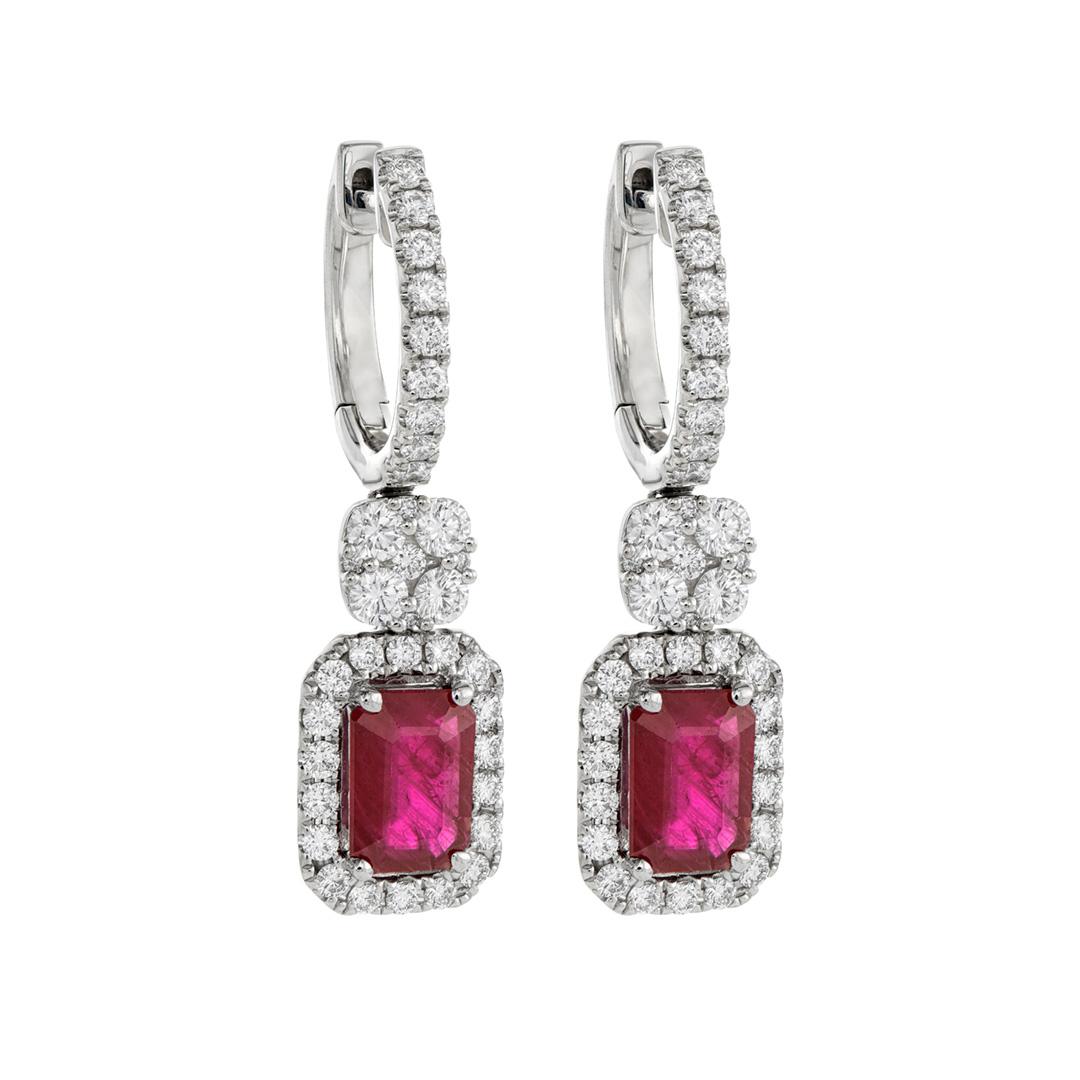 Emerald Cut Ruby Drop Earrings with Pave Diamond Halo and Cluster