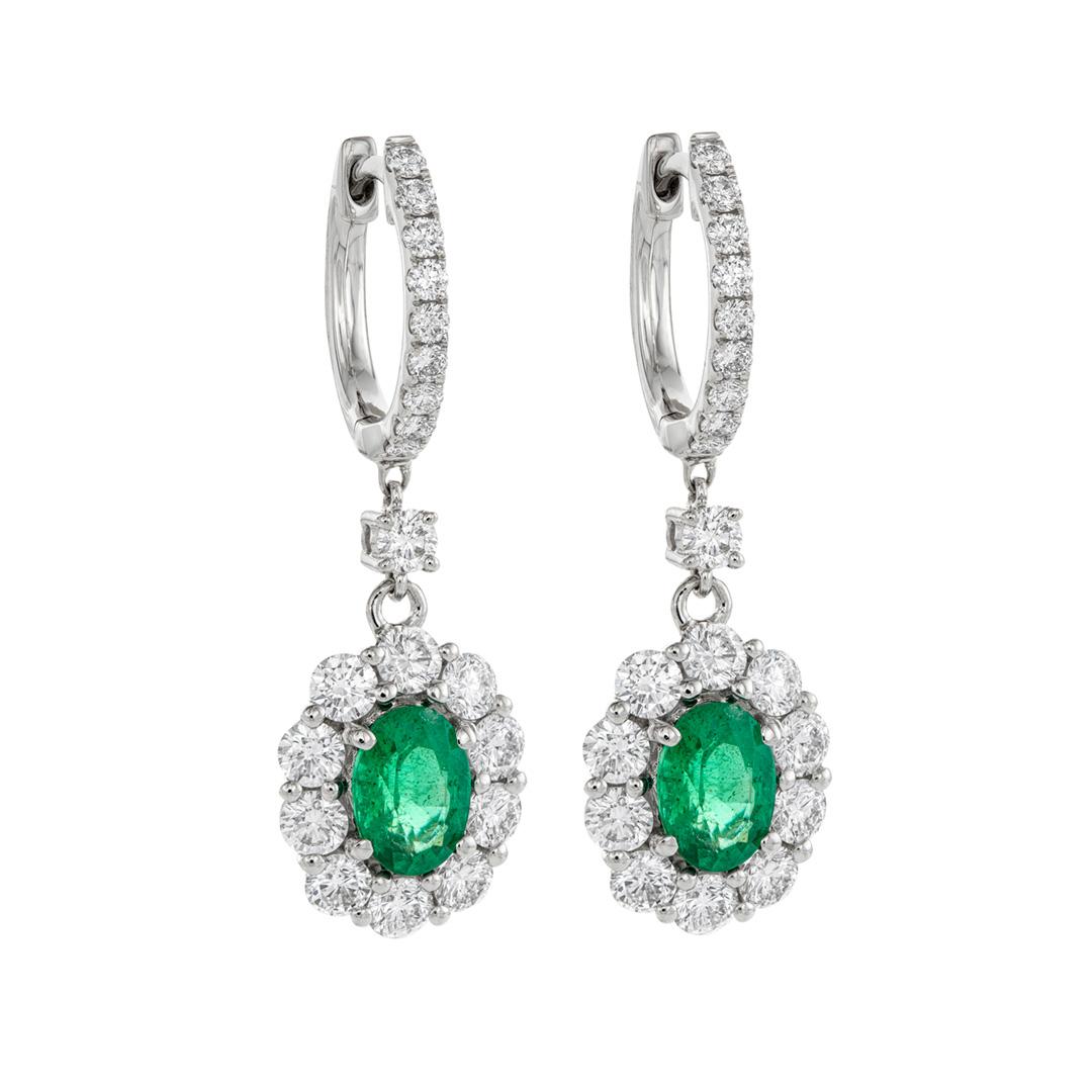 Oval Shaped Emerald Drop U-Loop Earrings with Round Diamond Halo