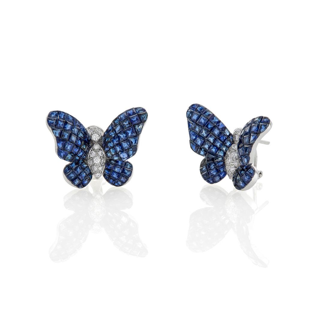 Blue Sapphire and Diamond White Gold Butterfly Stud Earrings