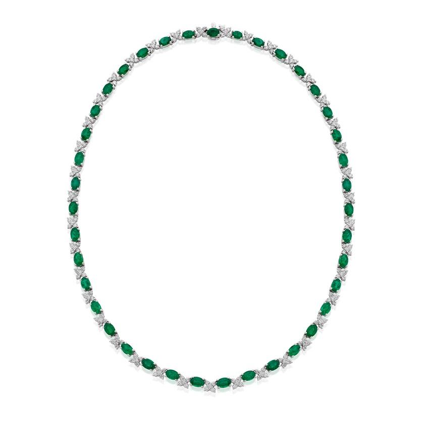 White Gold Oval Emerald & Round Diamond Cluster Necklace