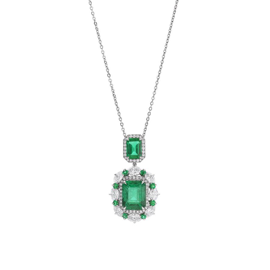 Emerald and Diamond Drop Pendant Necklace