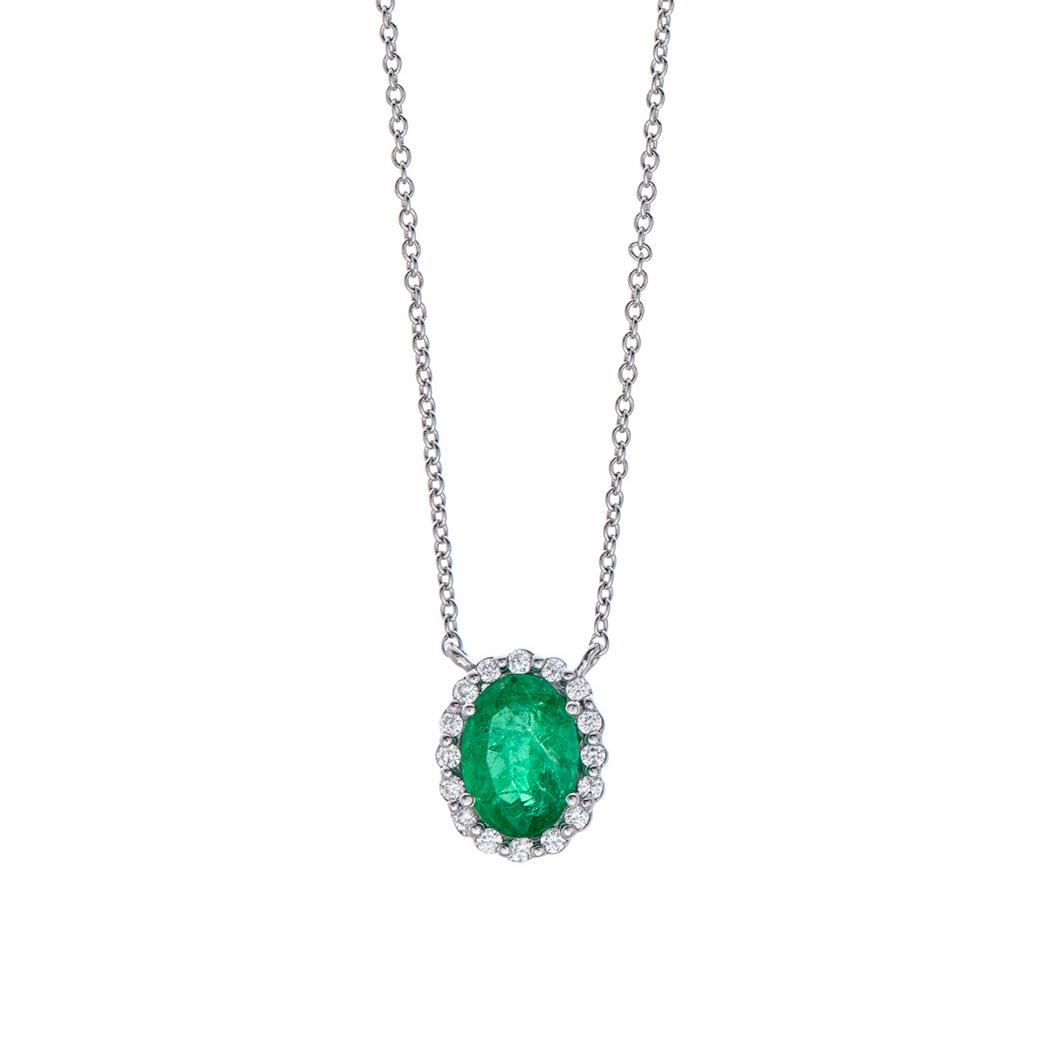 Oval Emerald Diamond Halo Pendant Necklace
