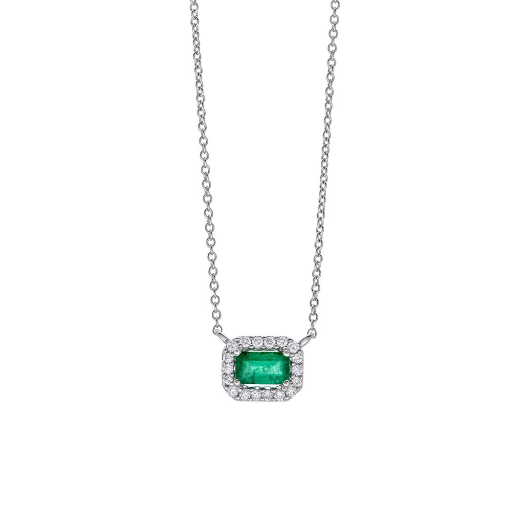 Emerald Cut Emerald Diamond Halo Pendant Necklace