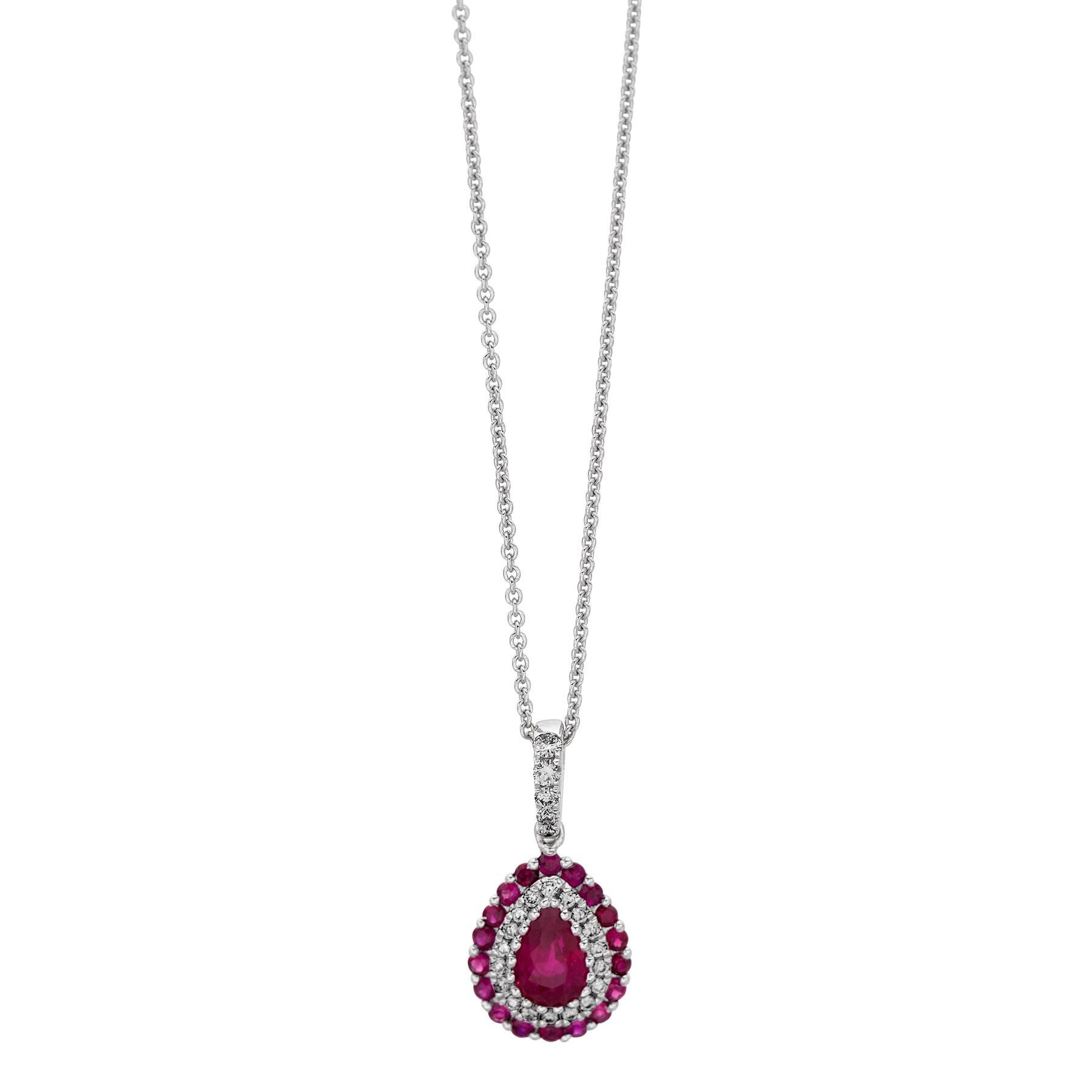 White Gold Pear Shaped Ruby & Diamond Halo Pendant Necklace