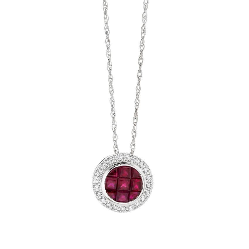 White Gold Ruby & Diamond Halo Pendant Necklace