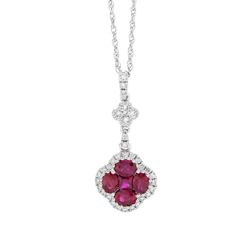 White Gold Ruby & Diamond Clover Pendant Necklace
