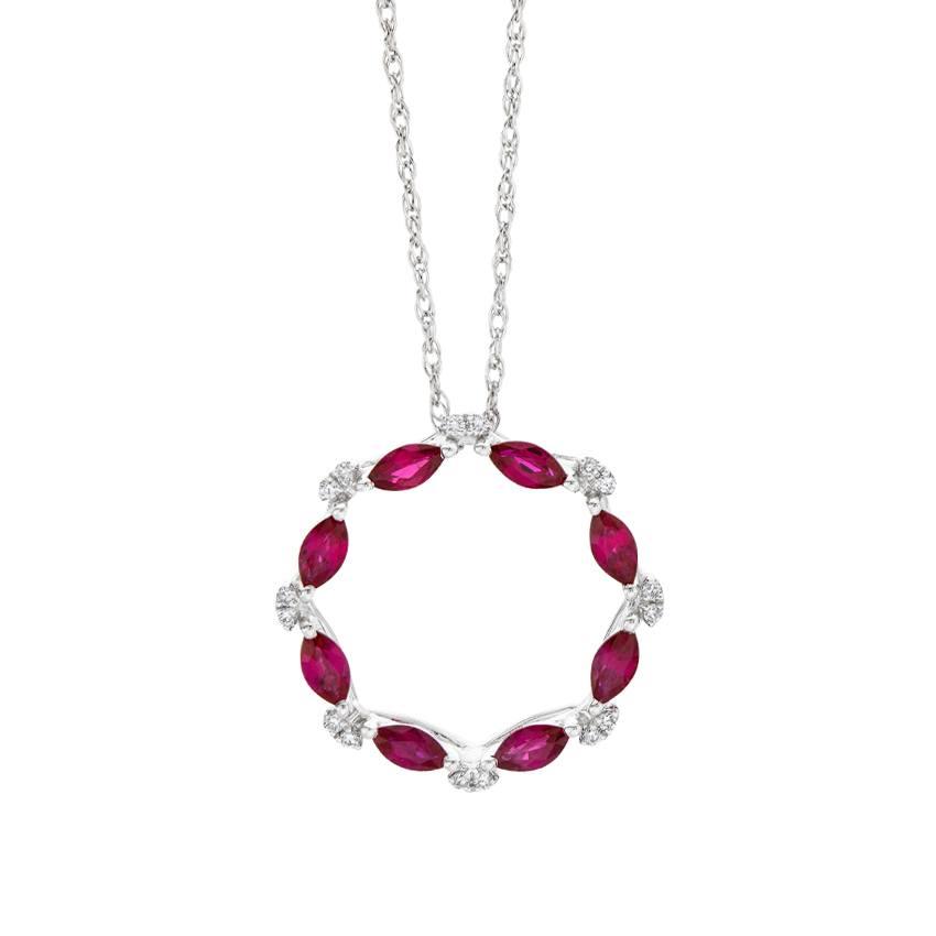 White Gold Marquise Shaped Ruby & Round Diamond Open Circle Pendant Necklace